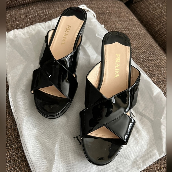 Prada Crosscross Wedge Sandals, Slide, Patent Black Nero, Size 37 - Picture 6 of 10